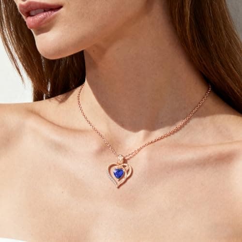 JACUPO Heart Birthstone Rose Gold Necklace for Women(Rose Gold-09-Sapphire) - Thumbnail 5