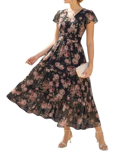 GRACE KARIN Women Summer Dress,Maxi Floral Dresses,V Neck Wedding Guest Flowy Dress 2026 Black-Based Clustered Roses XL - Image 1