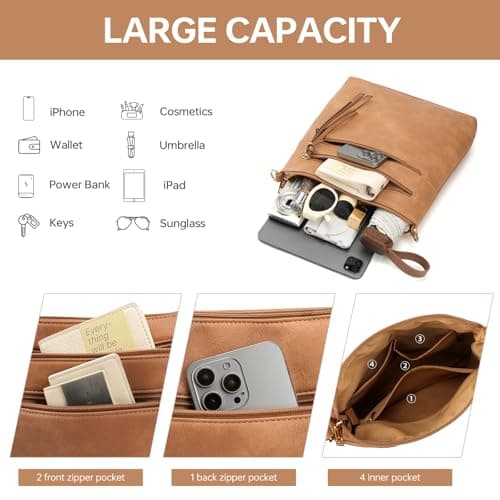 GEMIU Medium Purses for Women Multi Pocket Womens Crossbody Purse with Guitar Strap Light Brown - Thumbnail 4