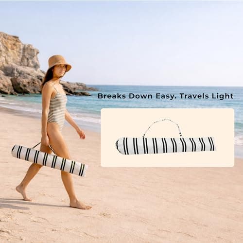 DEER LAND 6FT Stripe Fringe Beach Umbrella for Sand with Sand Anchor, UPF 50+ Sun Shade with Tassels, Adjustable Tilt Pole, Portable Coastal Umbrella for Beach & Pool, Heritage Black Stripe - Thumbnail 4