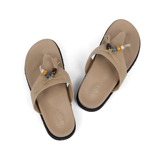 QIY Suede Tan Slide Sandals for Women Light Brown Fringe Flip Flops Thong Platform Slip on Shoes With Tassel Open Round Toe Lightweight Beaded Stone Comfortable Walking Flats Sandals Shoes Size 11 - Thumbnail 6