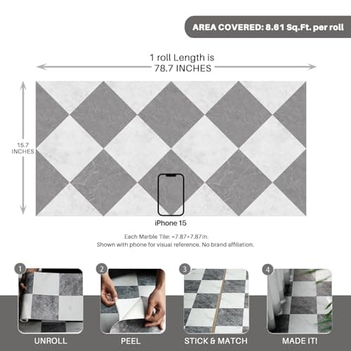 auxua Grey Vinyl Checked Flooring Roll – Small Size (15.7” x 6.56ft) for 8.61 sq.ft Coverage, Seamless Grain Match, Hassle-Free Peel & Stick Tile Application, Ideal for Kitchens & Bathrooms - Thumbnail 6
