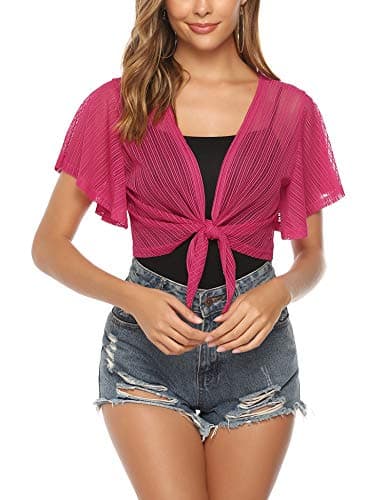 iClosam Women Sheer Shrug Tie Front Short Sleeve Cropped Bolero Shrug Cardigan Rose Red - Image 1