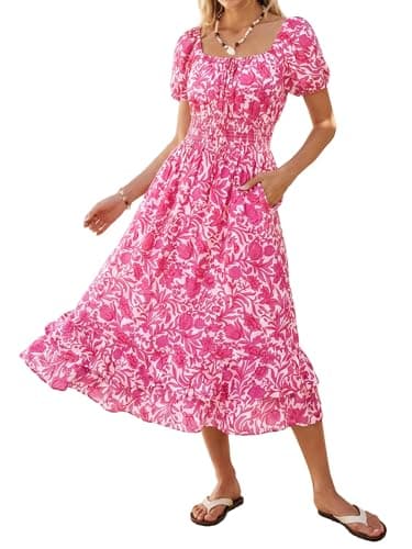 Kate Kasin Womens Summer Boho Floral Maxi Dress 2026 Square Neck Puff Sleeve Smocked Flowy A Line Beach Wedding Guest Dresses - Image 1