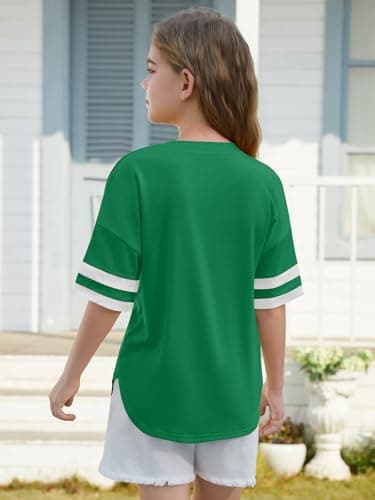 ZDC Girls Striped Short Sleeve T Shirts Kids Crewneck Loose Fit Tunic Tops Summer Tees Blouses 5-14 Years Green - Thumbnail 2