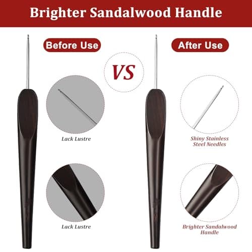 Smooth Crochet Hooks with Mertric Numbers and 10 pcs Stitch Markers, 6 pcs Sweing Needles, 1 pc Sandalwood Crochet Hook Bag, Hand Polished Stainless Steel Crochet Hook with Wood Handle (Black, 2.0MM) - Thumbnail 6