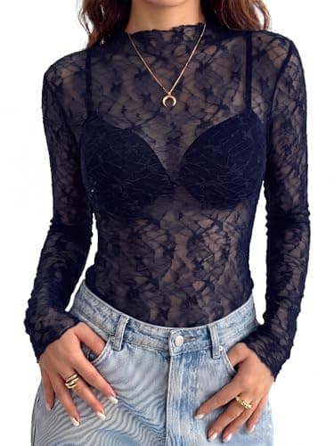 BTFBM Womens Tops Mesh Lace Long Sleeve Tops for Women 2026 Spring Fall Sexy Sheer See Through Tight Party Club Outfits(Navy Blue, Large) - Thumbnail 4