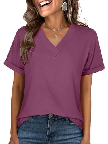 ANRABESS Womens T Shirts Short Sleeve V Neck Shirts Summer Loose Fit Dressy Tops Business Casual Blouses 2026 Basic Tees Wine Red Large - Image 1