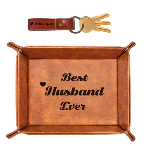 Best Husband Ever Gifts for Husband from Wife PU Leather Valet Tray & Keychain, Unique Gifts for Him Husband Who Has Everything at Birthday Valentines Day Christmas Anniversary