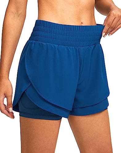 Soothfeel Women's 2 in 1 Running Shorts High Waisted Athletic Shorts Exercise Gym Workout Shorts for Women with Pockets Royal Blue - Image 1