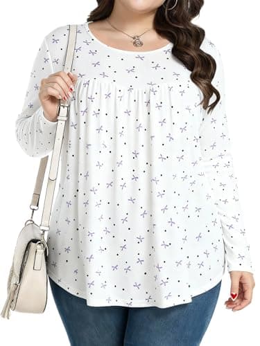JULYCLO Plus Size Womens Tops Casual Tunic Pleated Blouses Long Sleeve Crew Neck Loose Fit Fall Fashion Shirts 1X-5X - Image 1