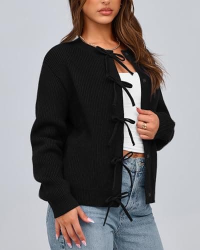 BTFBM Bow Cropped Cardigan Sweaters for Women 2026 Fall Winter Open Front Sweater Long Sleeve Button Fashion Spring Clothes(Black, Medium) - Thumbnail 6