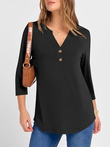 ANRABESS Women 3/4 Length Sleeve Henley Tops V Neck Business Casual Work T Shirts Cute Travel Shirt 2026 Spring Trendy Outfit Black XX-Large - Thumbnail 2