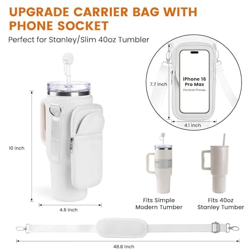 BOCMTR Water Bottle Holder with Strap for Stanley 30/40 oz Tumbler, Fashion Stanley Cup Bag with Big Phone Pocket, Silicone Boot, Straw Cover & Leak Proof Stoppers (White) - Thumbnail 3