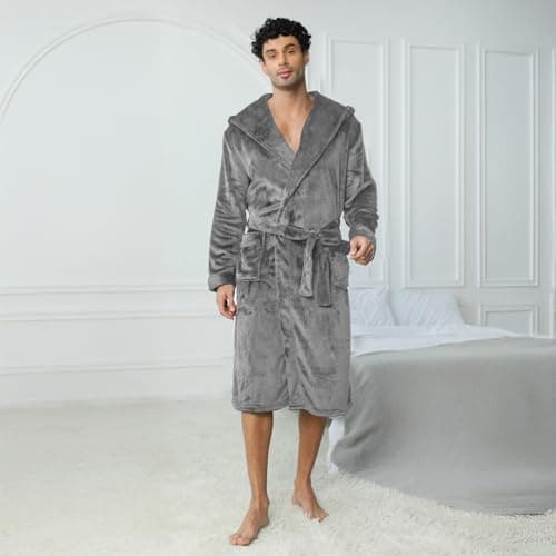 Lagtew Men's Hooded Fleece Bathrobe, Absorbent Anti-Static Plush Robe for Men with Pockets, Warm Soft for Home,DARK GREY,2XL/3XL - Thumbnail 3