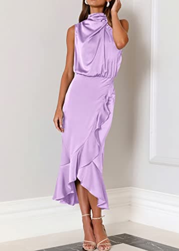 KIRUNDO Women 2026 Spring Summer Satin Mock Neck Wedding Guest Party Cocktail Midi Dress Sleeveless Wrap Ruffle Formal Dress(Purple, XX-Large) - Thumbnail 4