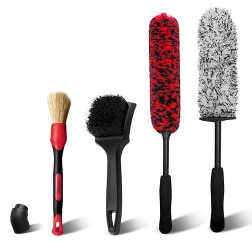 YeewayVeh 4Pack Car Wheel Cleaning Kit, Bendable Wheel Brush and Microfiber Rim Cleaner Brush, Tire Brush and Car Detailing Brush, Soft & No-Scratch Car Wheel Rim Brush Set for All Wheel Types, Red - Image 1