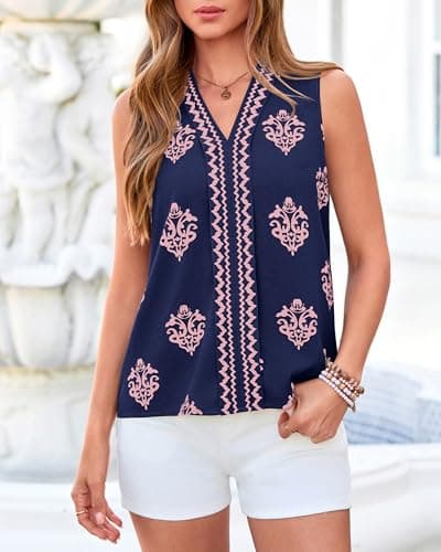 BTFBM Womens Tank Tops Floral Printed V Neck Sleeveless Spring 2026 Business Work Dressy Casual Shirts Chiffon Blouses(Navy Blue, Large) - Thumbnail 2