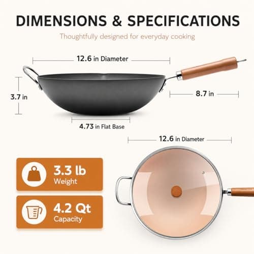 WANGYUANJI 12.6 Inch Carbon Steel Wok with Lid, Flat Bottom Wok Pan for Induction, Electric and Gas Stoves, Uncoated Chinese Stir Fry Pan with Wooden Handle - Thumbnail 5