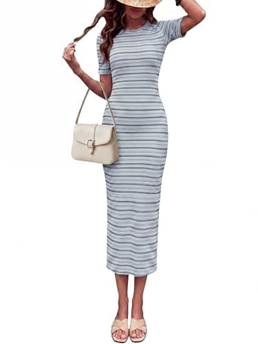 CHEVIBE Women's Beach Vacation Striped Knit Dress Crew Neck Short Sleeve Bodycon Midi Back Slit Sundresses 2026 Spring Casual Fashion Nautical Slim Fit Stretchy Everyday Wear Summer Party Dresses - Image 1