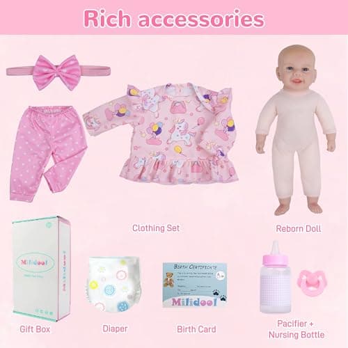 Milidool Baby Doll Girl, 17 inch Realistic Soft Body Reborn Baby Doll Real Life Cute Baby with Accessories for 3+ Year Old Gifts - Thumbnail 6