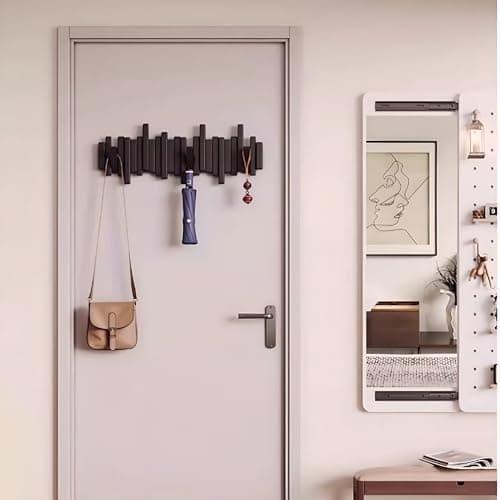 Key Holder Wall Mount, Splicable Wooden Piano Coat Rack Wall Mount, Modern Wall Art Flip Down Magnetic Hooks Wall Hook Hat Hanger for Entryway Key Holder Bedroom Kitchen (Black, 6 Hooks) - Thumbnail 6