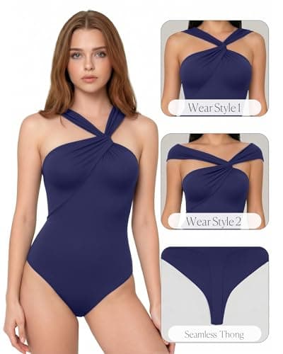 MANGOPOP Women's Sleeveless Twist Knot Asymmetrical Bodysuit Double Lined Sexy Thong Body Suit Top 2026, Deep Blue, Medium - Thumbnail 4