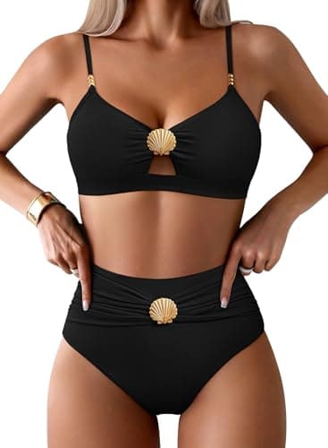 Pink Queen Two Piece Bikini Set for Women 2026 Sexy High Waisted Swimsuits Summer Beachwear Spaghetti Straps Metal Seashell Bathing Suit Black L - Image 1
