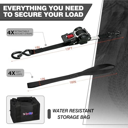Retractable Ratchet Straps1In x 13Ft - Heavy Duty Auto Slow Retraction Tie Down Straps - 1,800lb Break Strength Self Retracting for Truck, Cargo Trailer, Motorcycle, ATV, UTV - Black, 4Pack - Thumbnail 4
