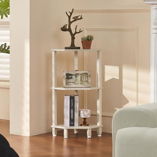 YUFAM 3-Tier Corner Shelf with Sturdy 5-Leg Base, 29in Tall Narrow Bookcase for Small Spaces, Wooden Plant Display Shelf, Thin Bookshelf for Living Room, Bedroom, Office, Grey White - Thumbnail 2
