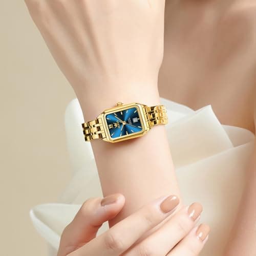 OLEVS Watch Womens Gold Luxury Rectangle Waterproof Fashion Small Wrist Blue Face Watches for Women Square Stainless Steel Analog Quartz Dress Womens Watch Reloj para Mujer - Thumbnail 2