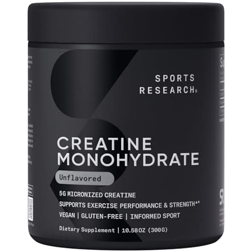 Sports Research Creatine Monohydrate - Gain Lean Muscle, Improve Performance and Strength and Support Workout Recovery - 5 g Micronized Creatine - 10.58 oz