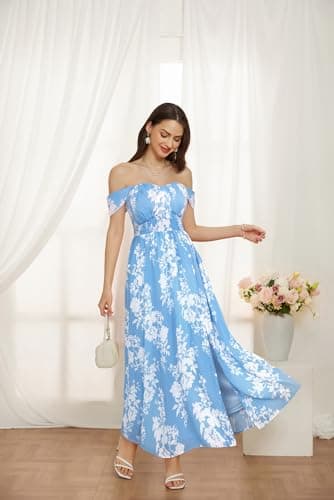 2025 Women's Summer Sleeveless Off Shoulder Floral Flowy A Line Maxi Dresses Blue White L - Thumbnail 3