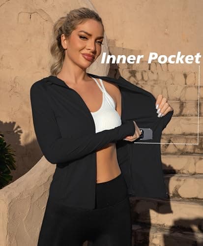 We1Fit Women's UPF 50+ Slim Fit Athletic Jacket Full Zip Hooded Sun Protection Running Shirts with Pockets Black - Thumbnail 3