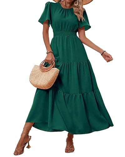 PRETTYGARDEN Women's Summer Casual Short Flutter Sleeve Round Neck Smocked Waist Tiered Boho Floral Flowy Maxi Dress(Solid Dark Green,Large) - Image 1
