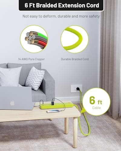 Omnibar USB Surge Bar 12 Power Strip - 12 Outlets 4 USB Ports(1 USB C), Multi Plug Outlet Extender with 6Ft Braided Extension Cord, 3600 J, Wall Mount, Flat Plug, Desk Charging Station for Office Home - Thumbnail 5