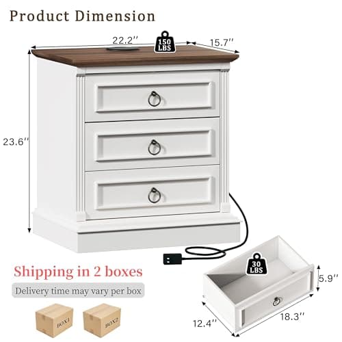 HUAHUU Farmhouse Nightstand Set of 2, Side Table with Wireless Charging Station, Wood Rustic End Table with Roman Column & Metal Handle for Bedroom, White - Thumbnail 2
