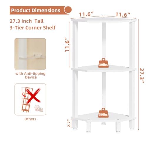 YUFAM 3-Tier Corner Shelf with Sturdy 5-Leg Base, 30in Tall Narrow Bookcase for Small Spaces, Wooden Plant Display Shelf, Thin Bookshelf for Living Room, Bedroom, Office, White - Thumbnail 3