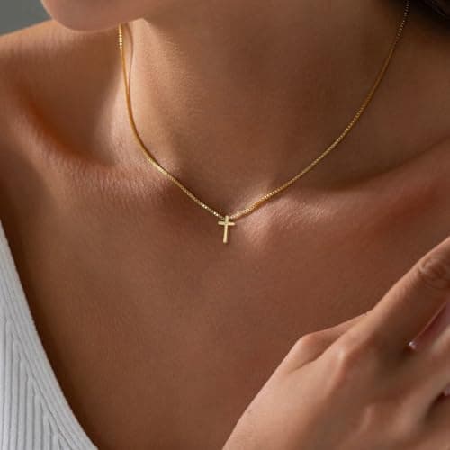 Gold Cross Necklace for Women, Trendy 14K Gold Plated Charm Box Chain Choker Dainty, Christian Religious Faith Small Cross Pendant Necklace Non Tarnish - Thumbnail 2