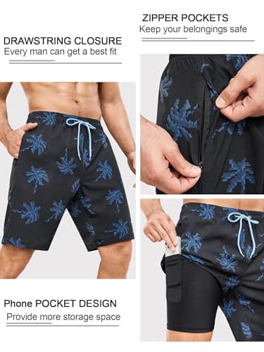 SILKWORLD Mens Swimming Trunks with Compression Liner 2 in 1 Quick-Dry 9" Swim Shorts with Zipper Pockets, Black Coconut Tree, X-Large - Thumbnail 4
