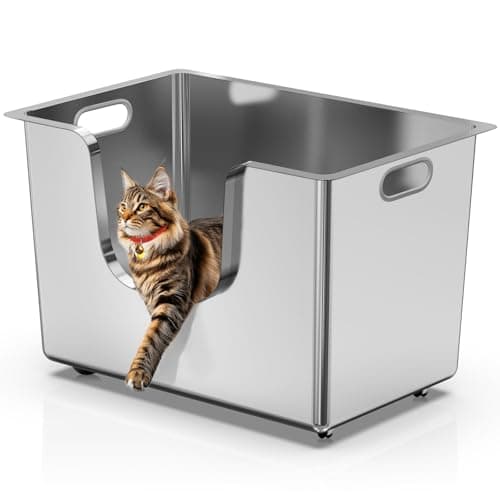 Stainless Steel Cat Litter Box 11.8” High Sides, Large Metal Litter Box with Low Entry for Big Cats, Leak-Proof Pet Toilet Kitty Litter Pan with Wheels for Mobility, Easy to Clean & Non-Stick