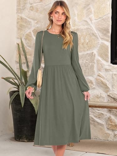 ANRABESS Women Long Sleeve Midi Dress Crewneck 2025 Fall Fashion Casual Flowy A-Line Long Dresses Vacation Outfit with Pocket Army Green L - Thumbnail 2