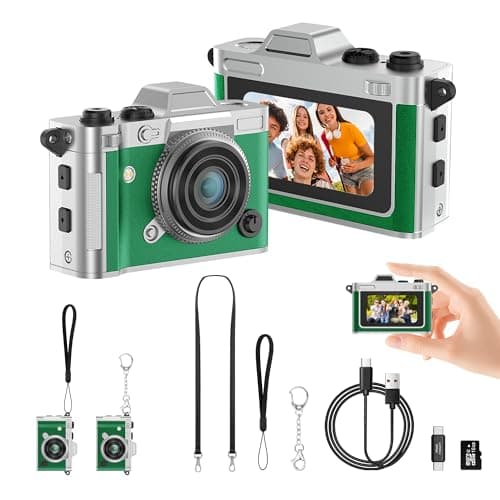 Dienspeak Pocket Mini Camera, Y2K Retro Keychain Digital Camera with Leather Body, Small Portable 2K HD Video Recorder with 16GB Card, Tiny Vintage Camcorder for Travel Vlogging Camera, Green