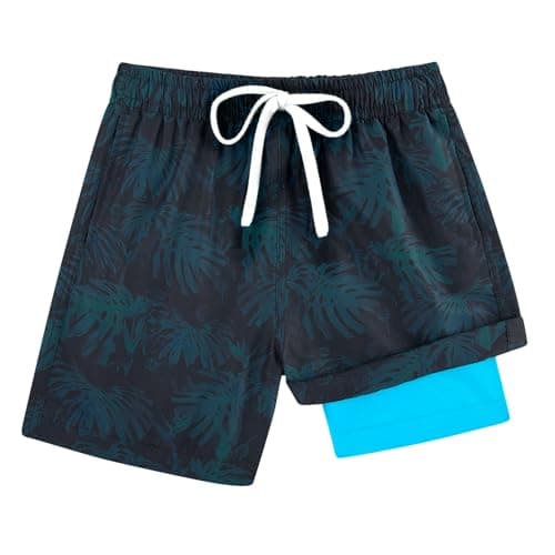 Cozople Swim Trunks for Boys Tropical Jungle Print Swim Shorts Compression Swimwear Anti Chafe Swimming Trunks Boxer Brief Boardshorts Bathing Suits Blue Swimsuits Size 10-12 - Image 1