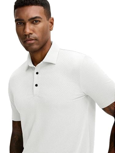 JEMLDL Men's Jacquard Sports Golf Polo Shirts Moisture Wicking Breathable Short Sleeve Performance Dry Fit Polo Shirts White M - Thumbnail 3