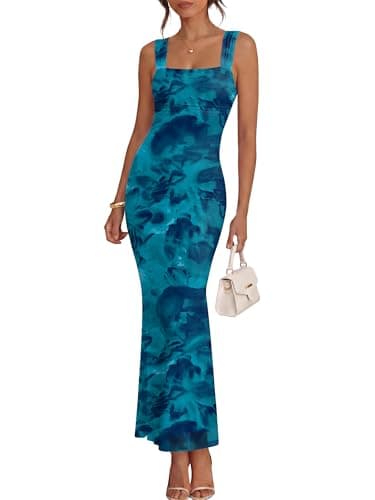Caracilia Dresses for Women Summer 2026 Sleeveless Mesh Bodycon Floral Maxi Formal Wedding Guest Dress Party Spring Print Lake Blue Large - Image 1