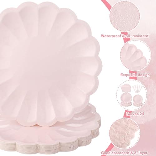 96 Pcs Pink Paper Plates and Napkins Party Supplies Serve 24 Guests Include Scalloped Dinner Plates 9.5", Dessert Plate 7.5", Napkins Plastic Forks for Baby Bridal Shower Wedding Mother's Day Birthday - Thumbnail 3