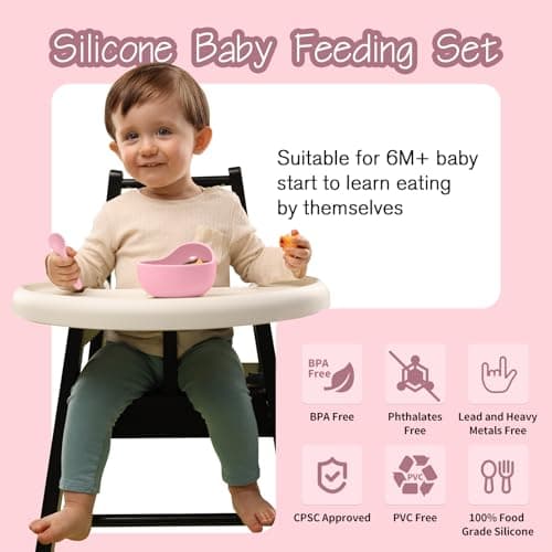 Baby Led Weaning Supplies, 17 Piece BPA-Free Silicone Feeding Set, Eating Essentials Baby Utensils with Suction Plate and Bowl, Pocket Bib, Sippy Cup with Lid, for 6+ Months, Pink - Thumbnail 3