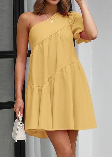KIRUNDO Summer One Shoulder Mini Baby Doll Dresses Women 2026 Casual Puff Sleeve Loose Tiered A Line Flowy Short Dress(Yellow, XX-Large) - Thumbnail 2