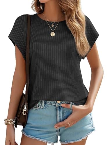 JUSTFASHIONNOW Womens Short Sleeve Blouses Business Casual Tops Crew Neck Basic Tees Textured Work Shirts Cute Office Outfits(Black,S) - Image 1